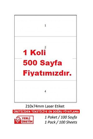 A1Etiket Tw-2404 500 A4 Sayfa Lazer Etiket  210 x 74 mm 2.000 1 A4 Sayfada 4 Etiket